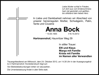 Traueranzeige von Anna Bock von Hersbrucker Zeitung